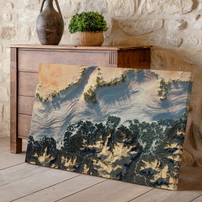 Toile, vue aérienne d'un paysage désertique abstrait avec des couches ondulées, art mural sur toile de sable beige et terreux bruns