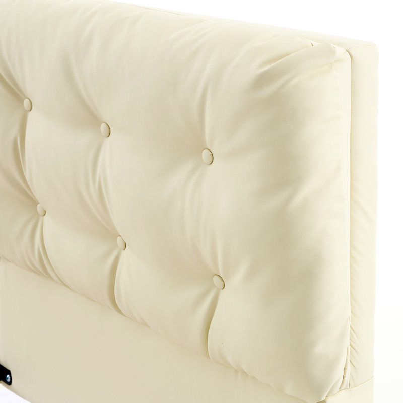 Grand lit flottant rembourré avec lumières DEL, plateforme en cuir Pu blanc, tête de lit à bouton. Conception pour un look moderne, six lumières de couleur chaleureuse, cadre confortable et silencieux