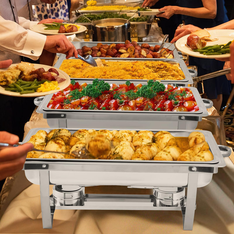 Paquet de 4 récipients chauffants pour buffet, 8 litres, acier inoxydable, avec couvercle, rectangulaire, argent, Silver