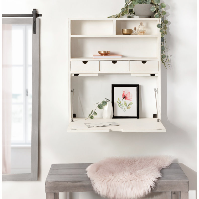 Bureau flottant en bois massif Aerick, Blanc