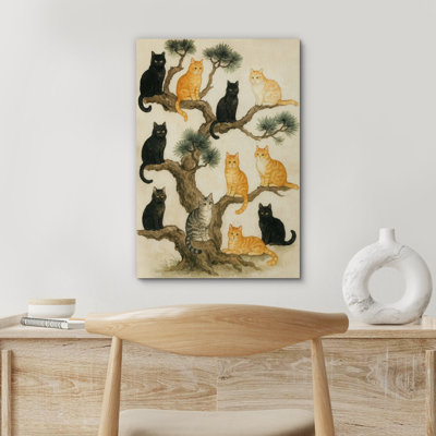 Douze chats assis sur un pin - reproduction d'art sur toile encadrée