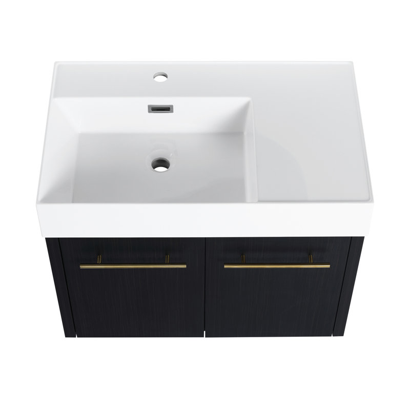 Meuble-lavabo de salle de bain de 30 po, lavabo en résine épaisse, armoire à double porte pour le rangement, fonction de fermeture en douceur, et trois supports de rangement séparés, couleur de châtaignier noir avec armoire à rebord, mécanisme, chatoiement