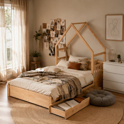 Wood House Platform Bed with Guardrail and 2 Drawers