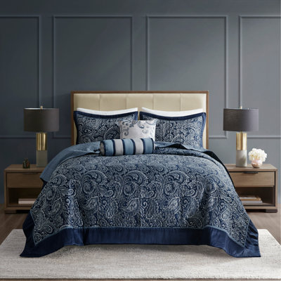 Ensemble de couvre-lit en jacquard pour grand lit 5 pièces avec coussins décoratifs, décorations bleu marine et argentées pour lits