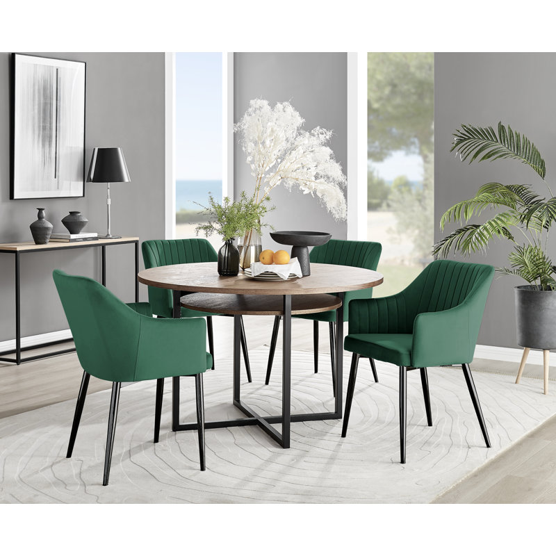 Adler Round Dining Table Set with Shelf & 4 Luxury Modern Velvet Dining Chairs, Brown, Green/Black