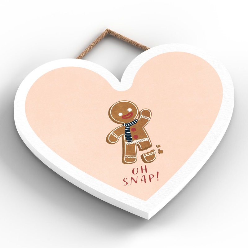Xmas Oh Snap Gingerbread Wooden Heart Plaque, 16cm H x 17cm W x 0.9cm D