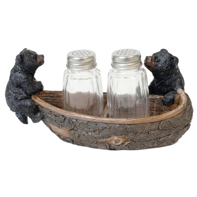 Polyresin Whimsical Black Bear in a Canoe Boat Rustic Outdoor Salt and Pepper Shaker Holder Set
