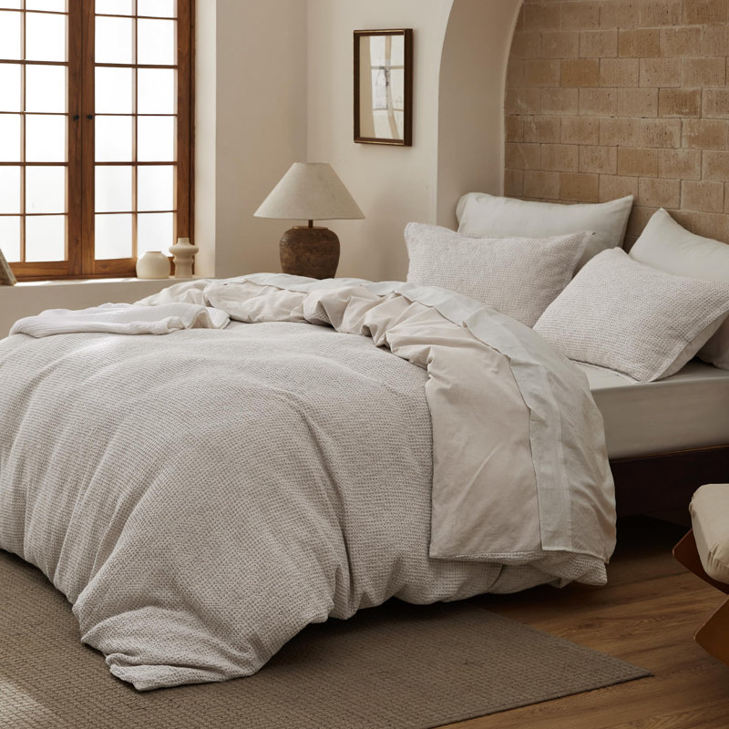 Insley Waffle Duvet Cover - 100% Cotton Duvet Cover Linen Color, Space-Dyed For Enhanced Bedroom Aesthetics, Gentlesoft And Stylish All-Season, 3-Piece Bedding Set With Button Closure, 104"X90"
