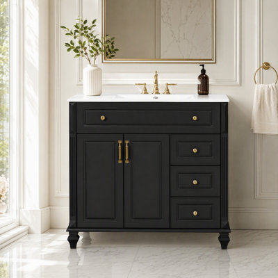 Meuble-lavabo simple autoportant en bois massif de 91 cm (36 po) avec lavabo, meuble bas avec tiroir abattant, 3 tiroirs et 2 portes, poignées en métal