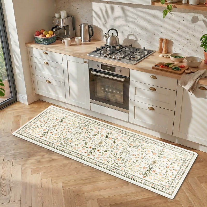 Tapis de cuisine floral anti-fatigue 71 po x 24 po, Beige