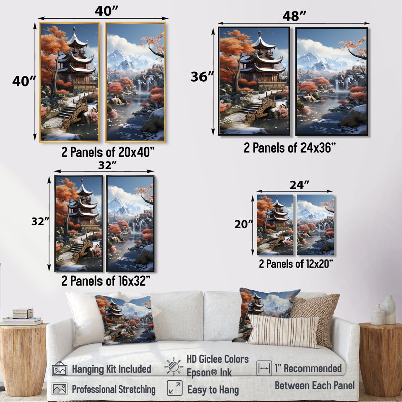 «Asian Snow Landscape Temple Serenity II - Large China», reproduction d'art sur toile, Impression encadrée flottante, Brown