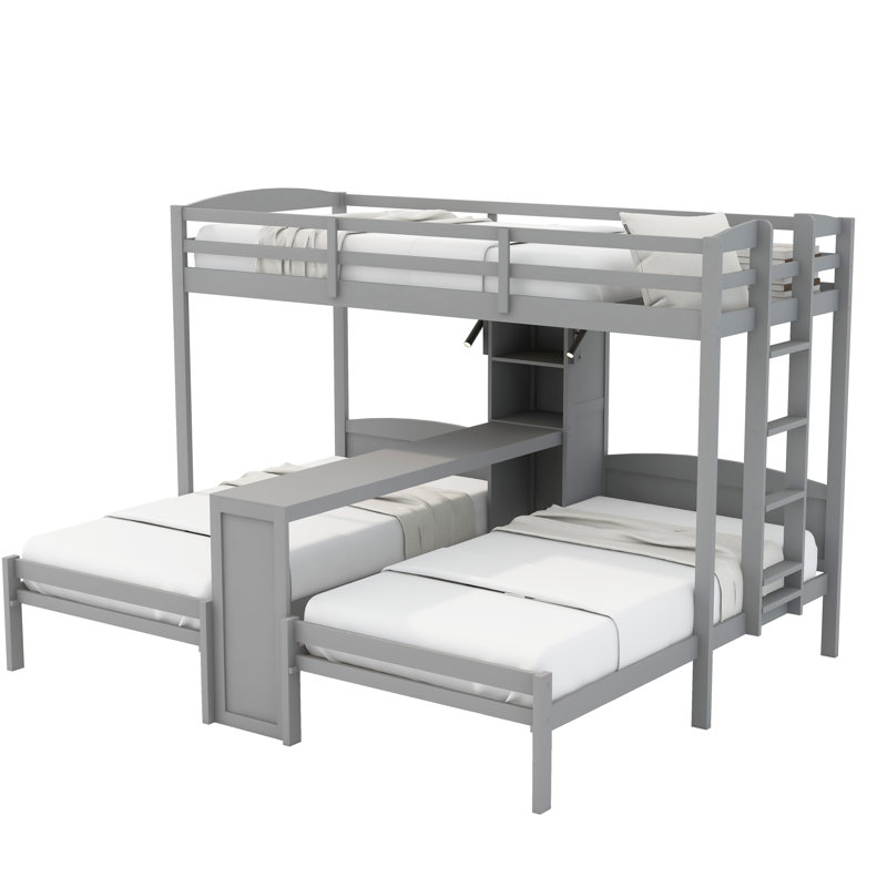 Twin over Twin Bunk Bed with Built-in Desk, Storage Shelves & LED Reading Light,Gray, Gray