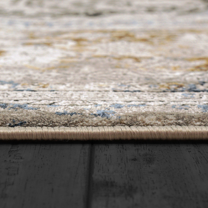 Tapis oriental fabriqué à la machine ivoire / gris / or, Rectangle 6 pi 7 po x 9 pi 6 po