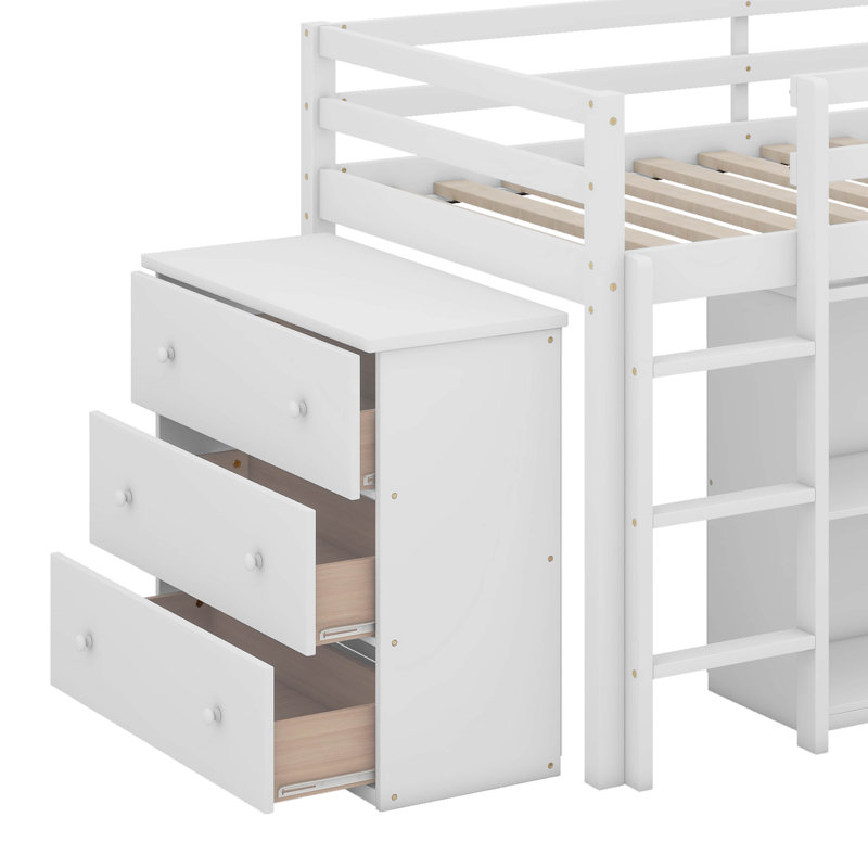 Lit mezzanine simple avec armoire à tiroirs, armoire à tablettes et bureau à tiroirs, Blanc