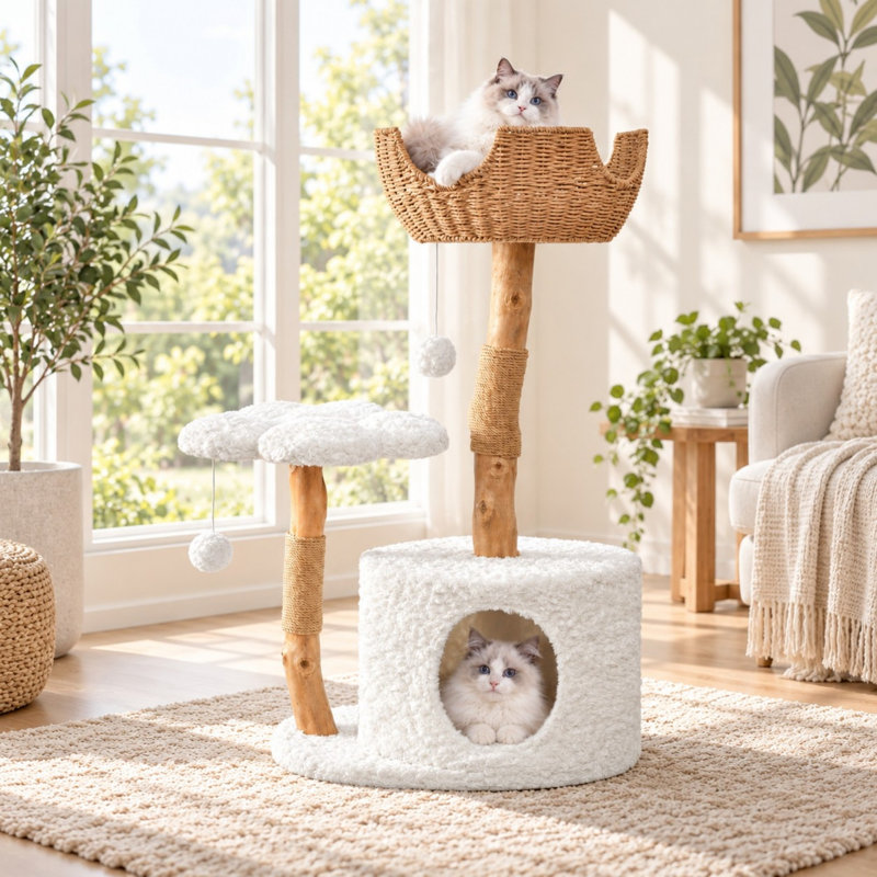 39.9" Solid Pear Wood Cat Tree with Condo, Flower Platforms and Scratching Posts