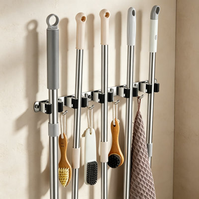 Heavy Duty Broom And Mop Holder Wall Mount With 5 Racks And 4 Hooks, Stainless Steel Tool Organizer For Garage, Laundry Room, Kitchen, And Garden