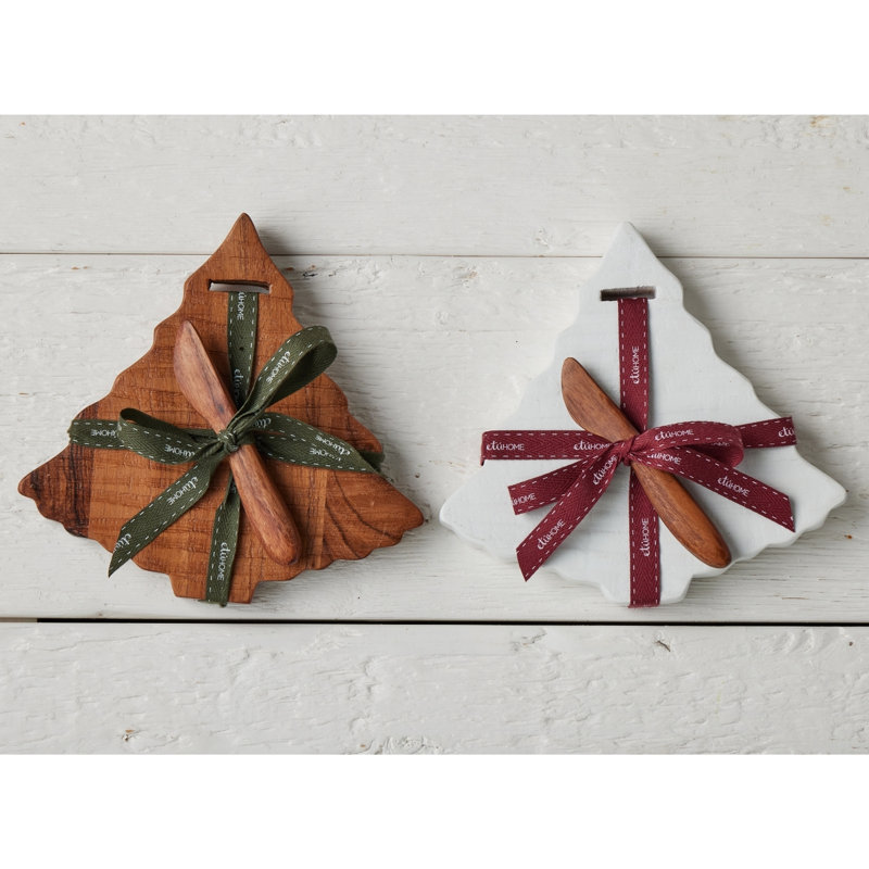 Mini Tree Appetizer Board - Natural - Spruce Green Ribbon, White, Merlot Red