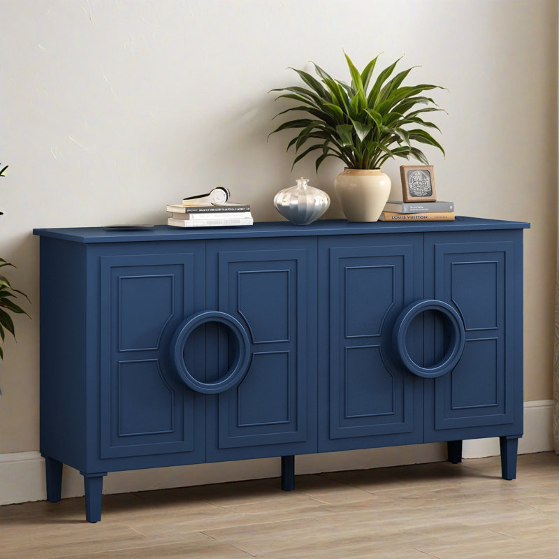 Buffet de rangement 58,92 "à 4 portes avec tablette, buffet en bois pour le salon et le vestibule, Marine