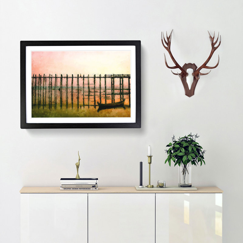 U Bein Bridge in Myanmar - Picture Frame Painting Print, 62cm H x 87cm W x 2cm D, Black Framed