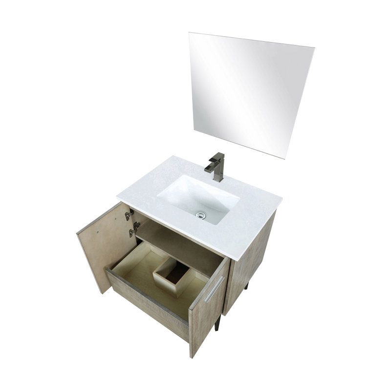 Rustique 30 po Meuble-lavabo large avec comptoir en quartz blanc, robinet en métal, miroir 28 po et comptoir avec robinet Perfidious