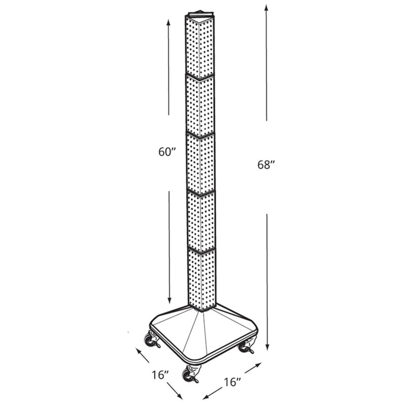 Présentoir de plancher à quatre côtés en équerre sur base pivotante à roulettes. Tour Spinner Rack. Taille du panneau: l 4 po x H 60 po