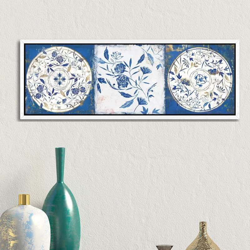 Indigo Ceramics II by Isabelle Z - Panoramic Painting on Canvas, White Framed, 30.48 cm H x 91.44 cm W