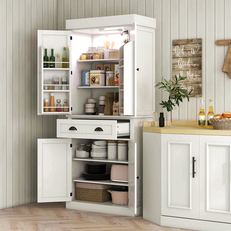 71" Kitchen Pantry Cabinet With Motion Sensor Light, Tall Storage Cabinet With 6 Door Shelves, A Drawer & 4 Adjustable Shelves