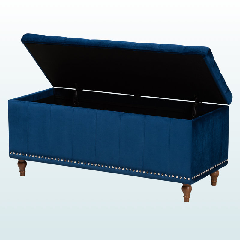 Banc de rangement avec repose-pieds capitonné en tissu bleu marine Mosa, H 18,48 po x l 41,49 po x P 16,59 po