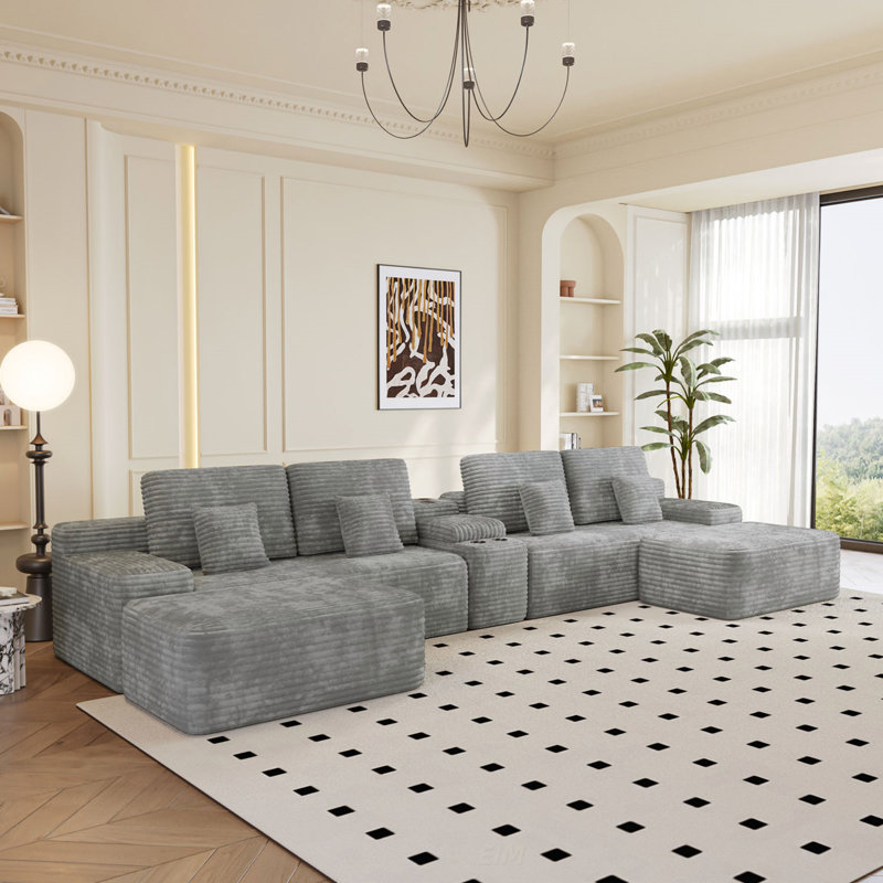 Canapé modulaire en U de 150 po avec 2 repose-pieds en velours côtelé gris clair moelleux pour salon 150 po