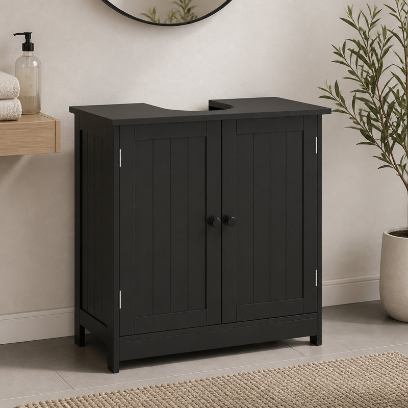Meuble de rangement sous lavabo de 60 cm (23,5 po) avec découpe en U, organisateur de meuble-lavabo moderne à double porte avec tablette réglable, lavabo non inclus
