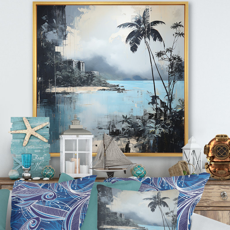 Impression sur toile de palmiers tropicaux tropicaux bleu et gris I - Nautique et plage, Cadre flottant doré
