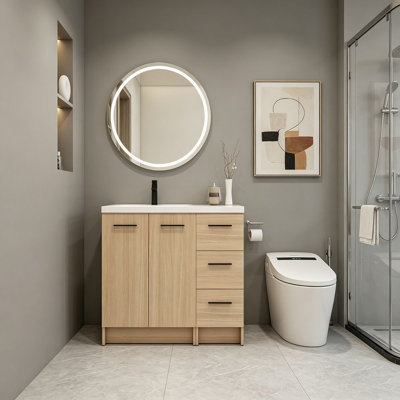 Meuble-lavabo autoportant modulaire 36 po avec comptoir en résine 36 po, chêne clair, 2 pièces (24 po 2 portes + 12 po 3 tiroirs), armoire KD, poignées en aluminium noir et brossé incluses
