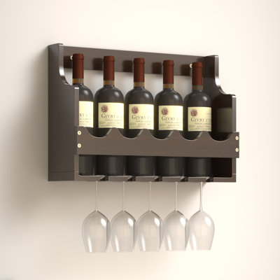 Solid Wood Wall-Mounted Wine Rack,5-Bottle Farmhouse Wine Storage with Glass Rack