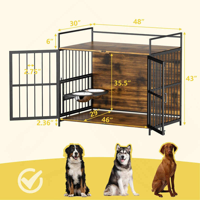 Grande cage pour chien de style meuble avec mangeoire surélevée à 360 ° pour chiens 48 "