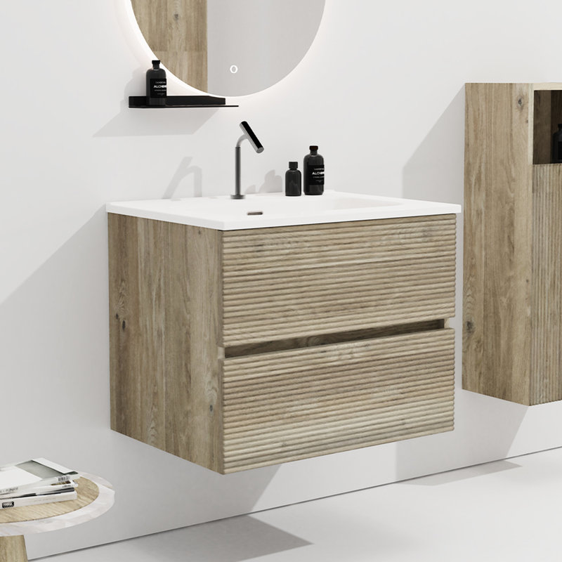Meuble-lavabo mural en chêne brut de 24 po avec lavabo en céramique, 20% d'espace de rangement supplémentaire, glissières de tiroir silencieuses, poignées minimalistes, tiroirs doubles intégrés de qualité E1 pour le rangement, doux