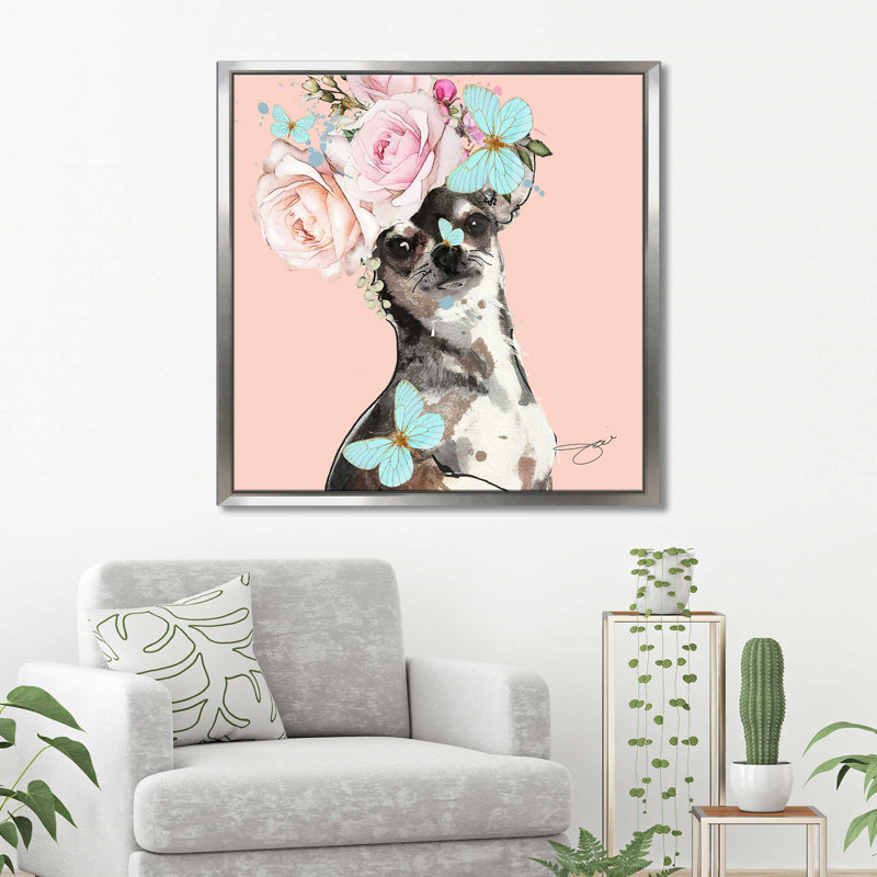 «Flower Chihuahua (Square)» par By Jodi - impression, H 21,5 po x l 21,5 po x P 2 po, Cadre flottant argent