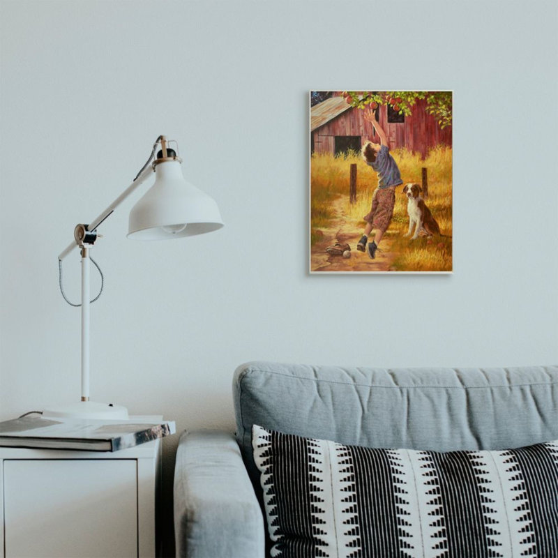 «Boy Sauting for Autumn Farm Apple with Dog» par Jim Daly - reproduction d'art, Plaque murale, H 19 po x l 13 po