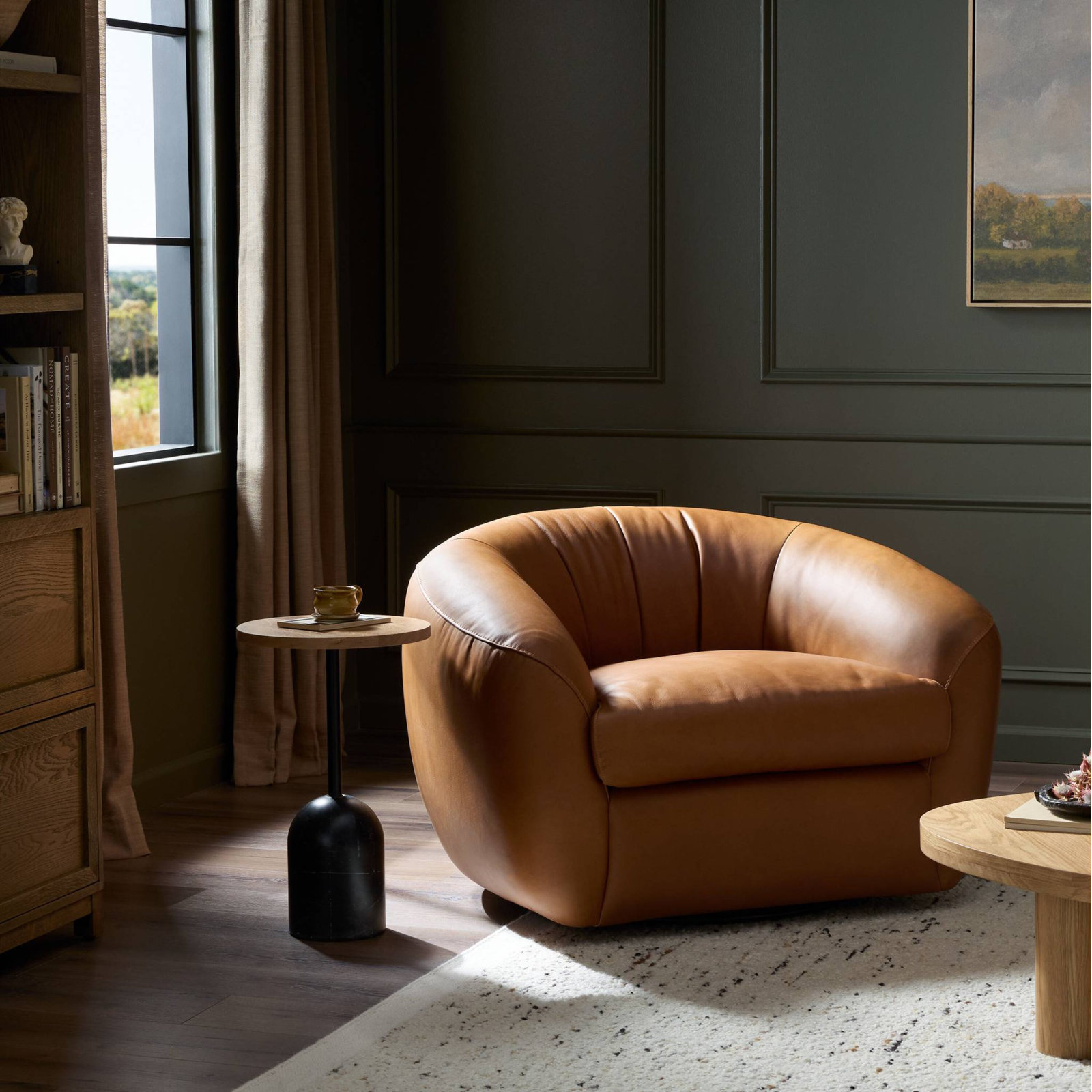 Adele Pine Genuine Leather Swivel Club Chair