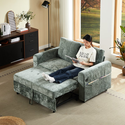 Lit escamotable de 57,59 po avec trois ports, réglable, deux coussins lombaires - canapé-lit pour les salons sereins, conversion facile, chambre en chenille douce, ajustement à plusieurs positions,