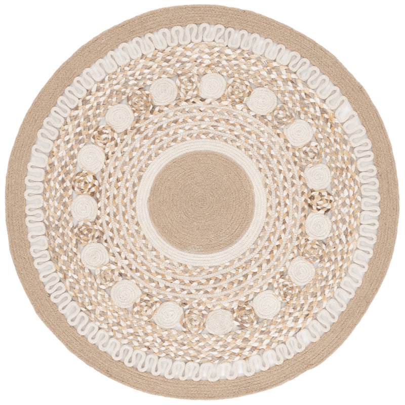 Natural Fiber Handwoven Jute & Cotton Geometric Rug in Natural/Ivory, Round 3'