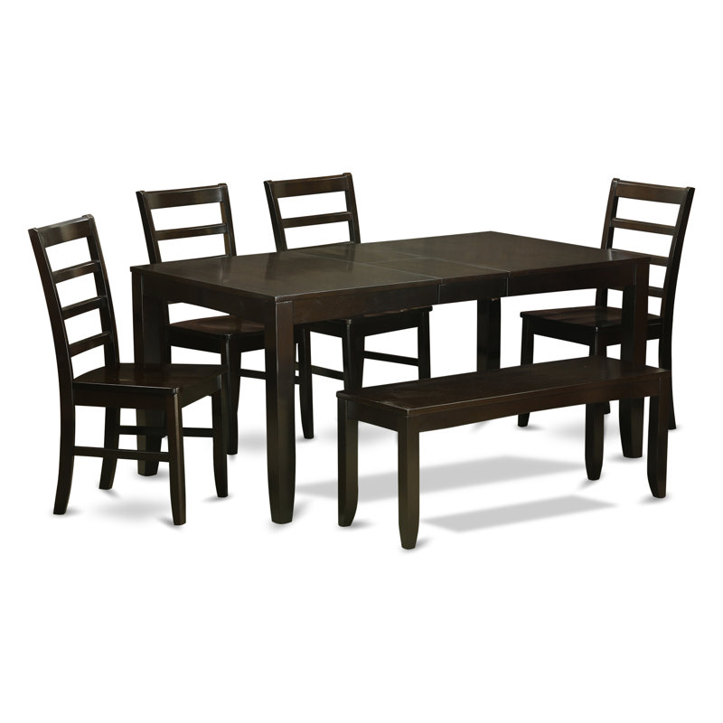 Ensemble de table de salle à manger 6 pièces moderne comprenant une table rectangulaire en bois avec feuille papillon et 4 chaises de salle à manger avec banc, 36 x 66 pouces, cappuccino