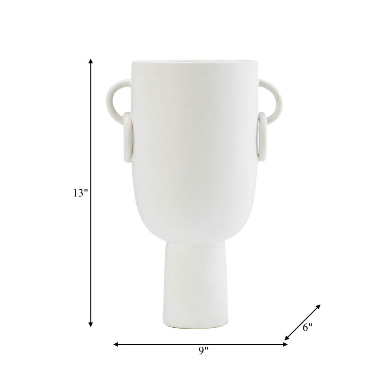 White Ceramic Vase with Handles, 13" H x 9" W x 6" D