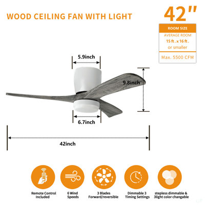 Ventilateur de plafond en bois massif 42 "avec plafonnier encastré, moteur à courant continu