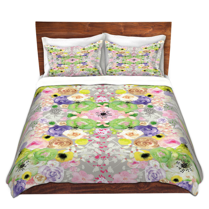 Ensemble de housse de couette romantique fleuris, Housse simple + 1 taie décorative, Gris / menthe / blanc