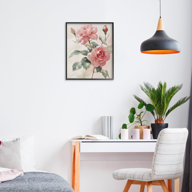 «Pink Watercolor Roses and Buds», dessin de Petal Prints Design, H 14 po x l 11 po, Giclée encadrée noir minuit