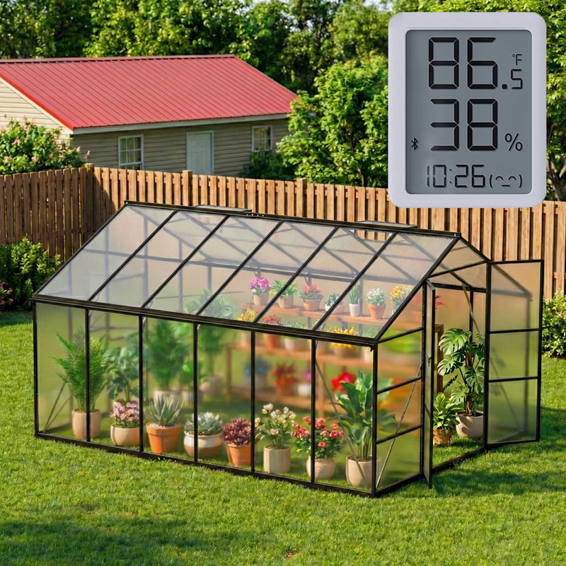 Walk-In Greenhouse With Thermometer, Polycarbonate Panels, Reinforced Aluminum Frame, Outdoor Green House With Adjustable Roof Vent