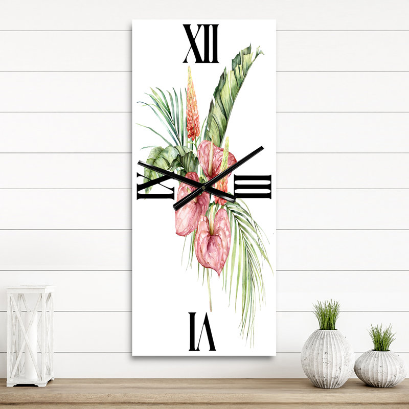 Horloge murale Bouquet tropical avec anthurium lupin et feuilles II, Grand