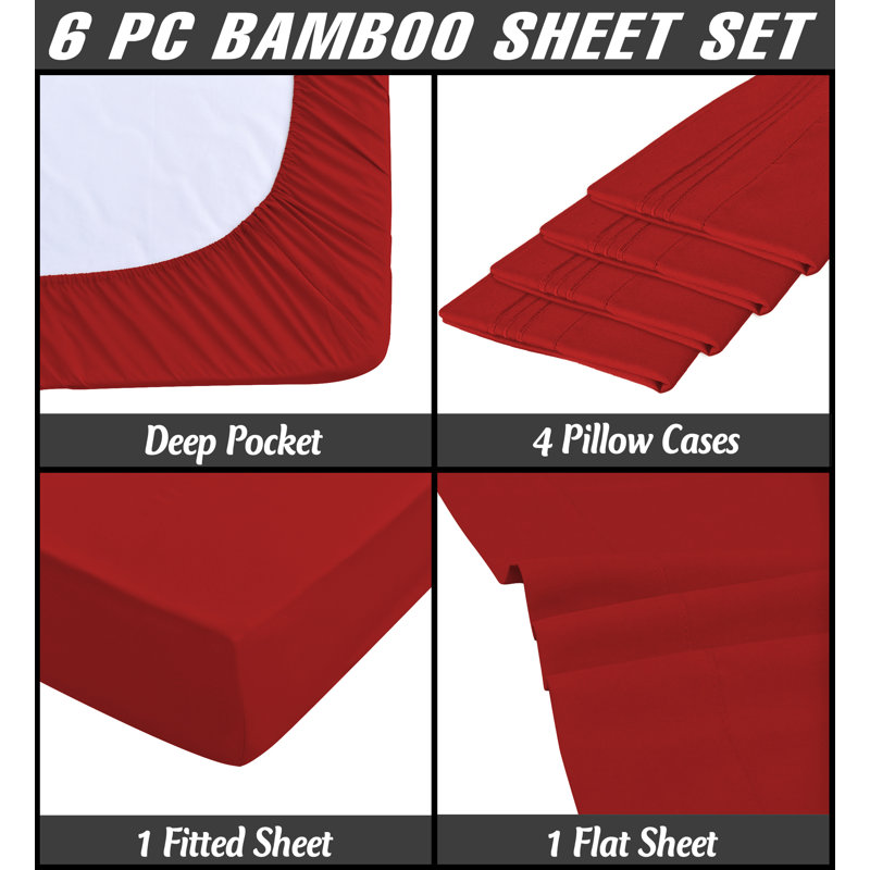 Premium Rayon From Bamboo 6 Pc Sheet Set With Deep Pockets, Cooling, Red, King Sheet Set with 4 Pillowcases