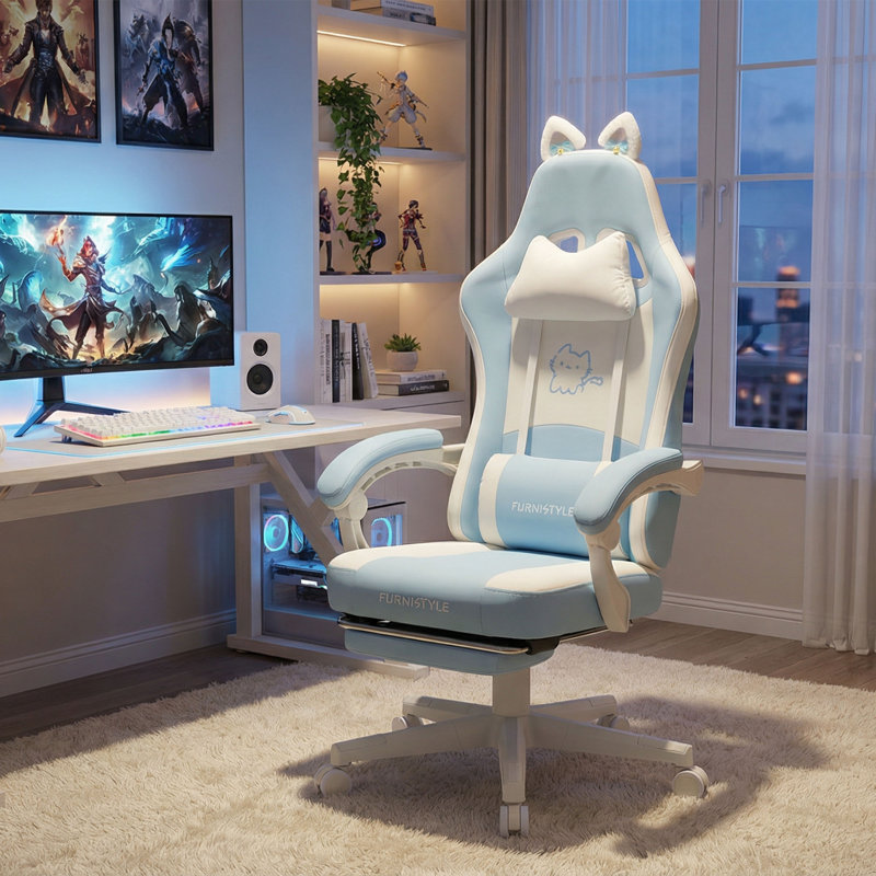 Gaming Chair Cute with Cat Ears & Ringing Accessories and  Lumbar Support, Ergonomic Computer Chair for Girl with Footrest  Headrest & Padded Arms