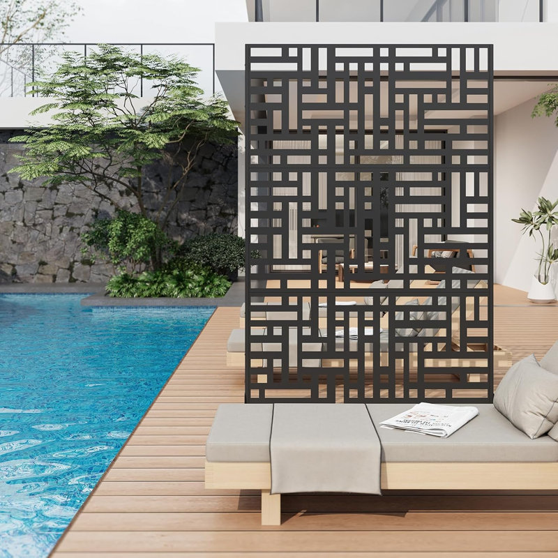 Freestanding Metal Privacy Screen, Laser Cut Decorative Garden Fence Panel with Stand, Rustproof Galvanised Steel Divider, 183x120cm, Black, Woven Pattern
